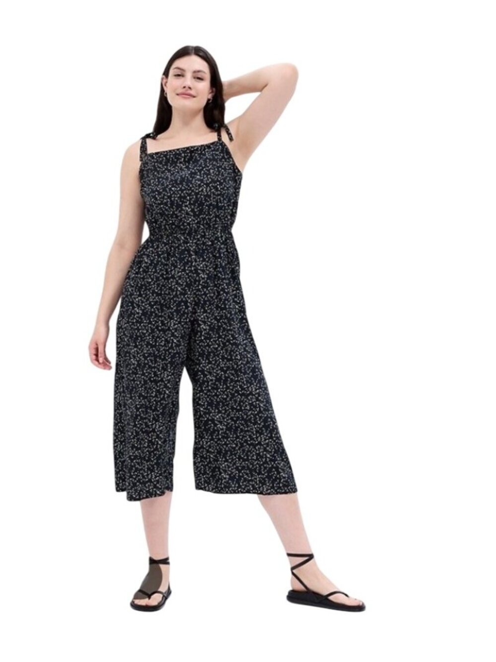 Gap Floral Print Wide Leg Cami Jumpsuit Cropped Womens M Black Self Tie Shoulder